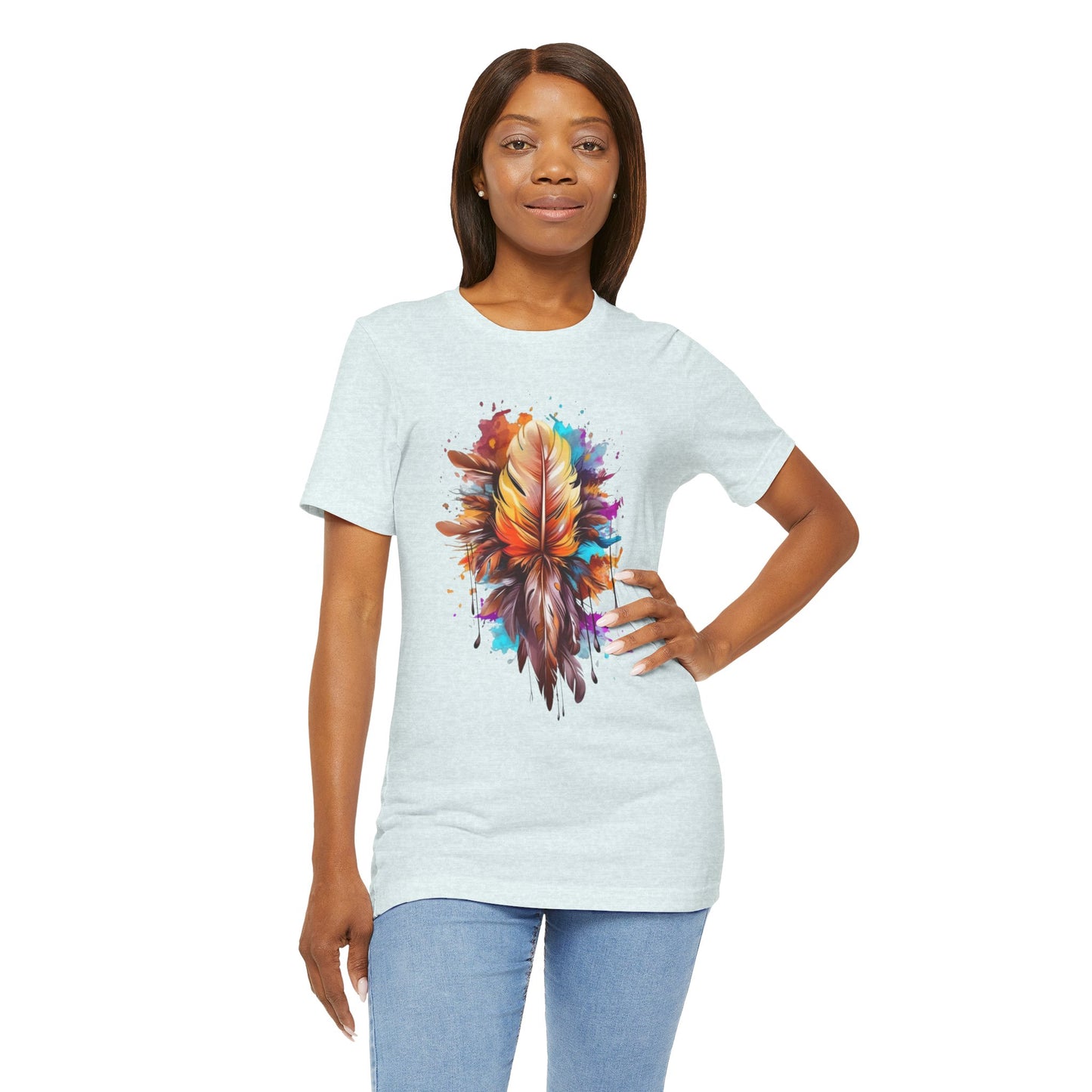 Colorful Feather Art Tee - Unisex Short Sleeve T-Shirt, Bohemian Top, Gift for Nature Lovers, Artisticwear, Casual Wear, Summer Tee