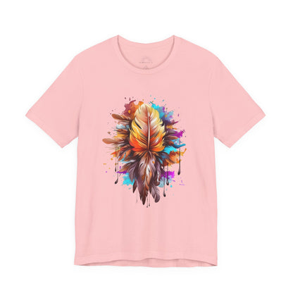 Colorful Feather Art Tee - Unisex Short Sleeve T-Shirt, Bohemian Top, Gift for Nature Lovers, Artisticwear, Casual Wear, Summer Tee
