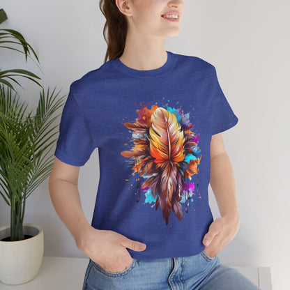 Colorful Feather Art Tee - Unisex Short Sleeve T-Shirt, Bohemian Top, Gift for Nature Lovers, Artisticwear, Casual Wear, Summer Tee