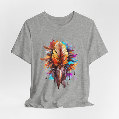 Colorful Feather Art Tee - Unisex Short Sleeve T-Shirt, Bohemian Top, Gift for Nature Lovers, Artisticwear, Casual Wear, Summer Tee