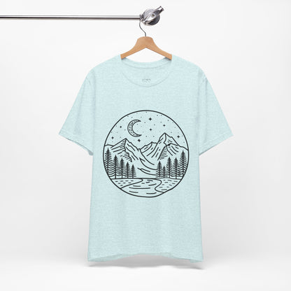 Mountain Nightscape Tee, Nature Lover Shirt, Camping Apparel, Adventure Outfit, Unisex Graphic Tee