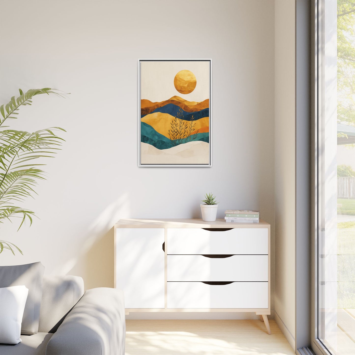 Framed Matte Canvas Wall Art, Boho Decor, Sun and Mountains, Home Gallery, Unique Gift, Cozy Atmosphere, Nature-Inspired