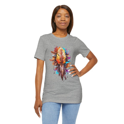 Colorful Feather Art Tee - Unisex Short Sleeve T-Shirt, Bohemian Top, Gift for Nature Lovers, Artisticwear, Casual Wear, Summer Tee