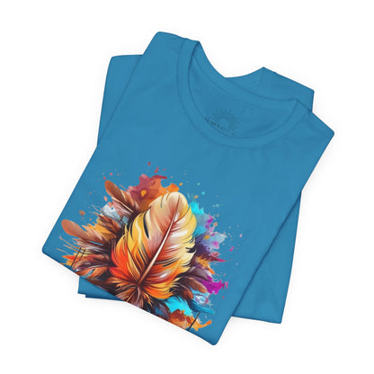Colorful Feather Art Tee - Unisex Short Sleeve T-Shirt, Bohemian Top, Gift for Nature Lovers, Artisticwear, Casual Wear, Summer Tee