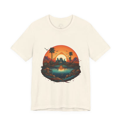 Sunset Oasis Unisex Tee - Summer Vibes, Graphic T-Shirt, Casualwear, Beachwear, Gift for Travelers, Nature Lover