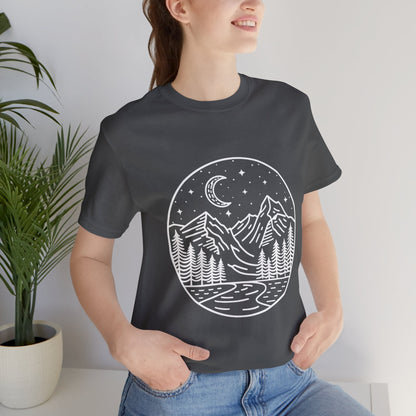 Mountain Nightscape Tee, Nature Lover Shirt, Camping Apparel, Adventure Outfit, Unisex Graphic Tee