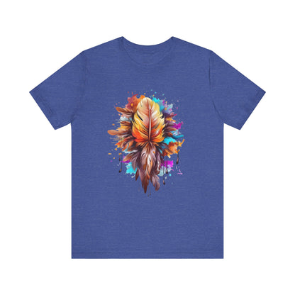 Colorful Feather Art Tee - Unisex Short Sleeve T-Shirt, Bohemian Top, Gift for Nature Lovers, Artisticwear, Casual Wear, Summer Tee