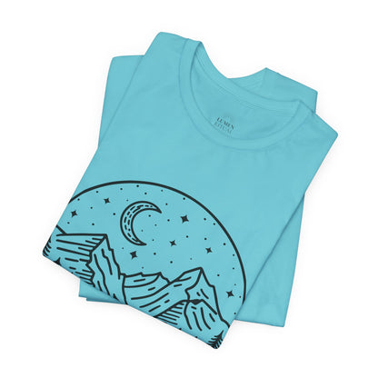 Mountain Nightscape Tee, Nature Lover Shirt, Camping Apparel, Adventure Outfit, Unisex Graphic Tee