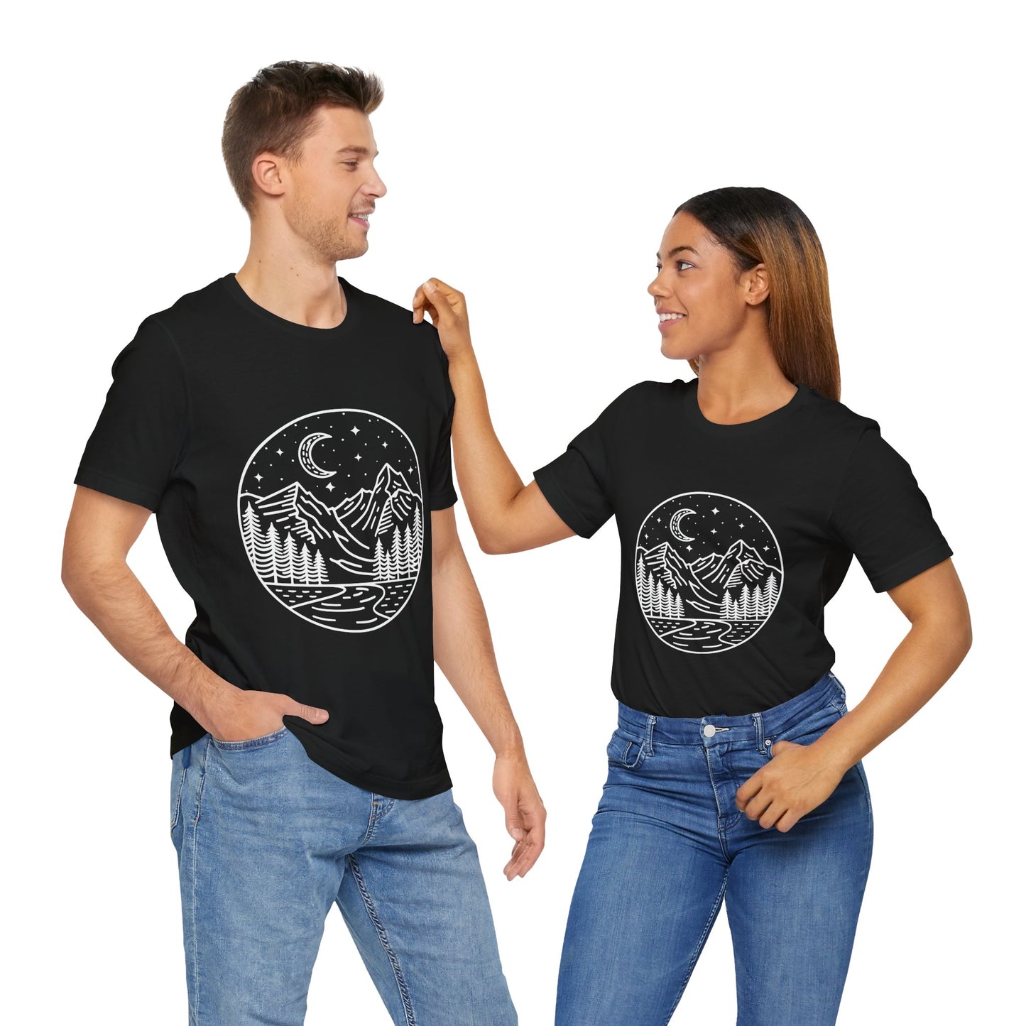 Mountain Nightscape Tee, Nature Lover Shirt, Camping Apparel, Adventure Outfit, Unisex Graphic Tee