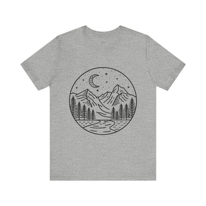 Mountain Nightscape Tee, Nature Lover Shirt, Camping Apparel, Adventure Outfit, Unisex Graphic Tee