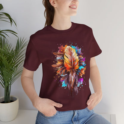 Colorful Feather Art Tee - Unisex Short Sleeve T-Shirt, Bohemian Top, Gift for Nature Lovers, Artisticwear, Casual Wear, Summer Tee