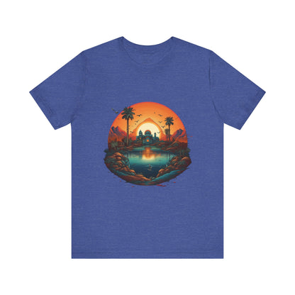 Sunset Oasis Unisex Tee - Summer Vibes, Graphic T-Shirt, Casualwear, Beachwear, Gift for Travelers, Nature Lover