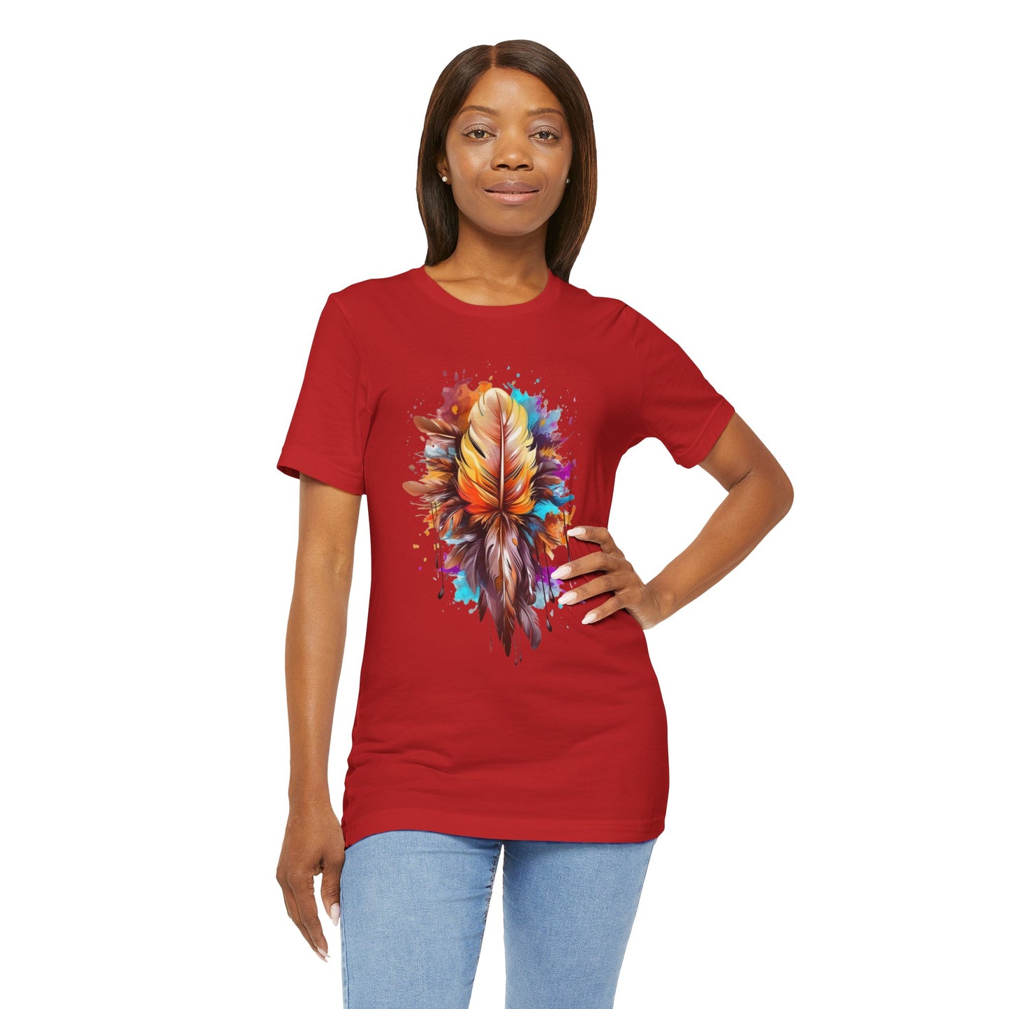 Colorful Feather Art Tee - Unisex Short Sleeve T-Shirt, Bohemian Top, Gift for Nature Lovers, Artisticwear, Casual Wear, Summer Tee