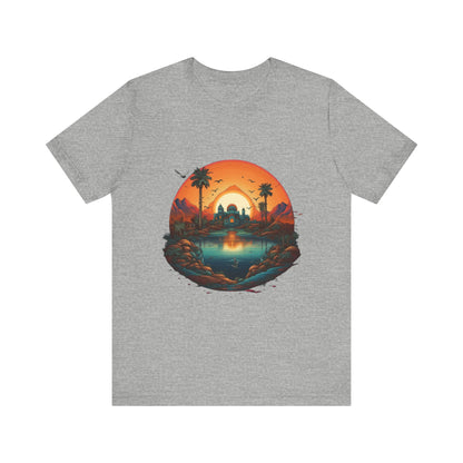 Sunset Oasis Unisex Tee - Summer Vibes, Graphic T-Shirt, Casualwear, Beachwear, Gift for Travelers, Nature Lover