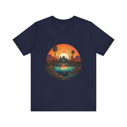 Sunset Oasis Unisex Tee - Summer Vibes, Graphic T-Shirt, Casualwear, Beachwear, Gift for Travelers, Nature Lover