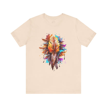 Colorful Feather Art Tee - Unisex Short Sleeve T-Shirt, Bohemian Top, Gift for Nature Lovers, Artisticwear, Casual Wear, Summer Tee