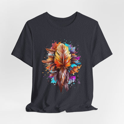 Colorful Feather Art Tee - Unisex Short Sleeve T-Shirt, Bohemian Top, Gift for Nature Lovers, Artisticwear, Casual Wear, Summer Tee