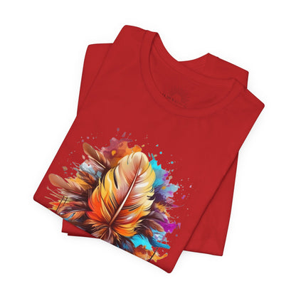 Colorful Feather Art Tee - Unisex Short Sleeve T-Shirt, Bohemian Top, Gift for Nature Lovers, Artisticwear, Casual Wear, Summer Tee