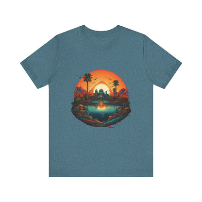 Sunset Oasis Unisex Tee - Summer Vibes, Graphic T-Shirt, Casualwear, Beachwear, Gift for Travelers, Nature Lover