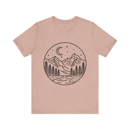 Mountain Nightscape Tee, Nature Lover Shirt, Camping Apparel, Adventure Outfit, Unisex Graphic Tee