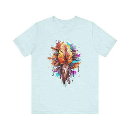 Colorful Feather Art Tee - Unisex Short Sleeve T-Shirt, Bohemian Top, Gift for Nature Lovers, Artisticwear, Casual Wear, Summer Tee