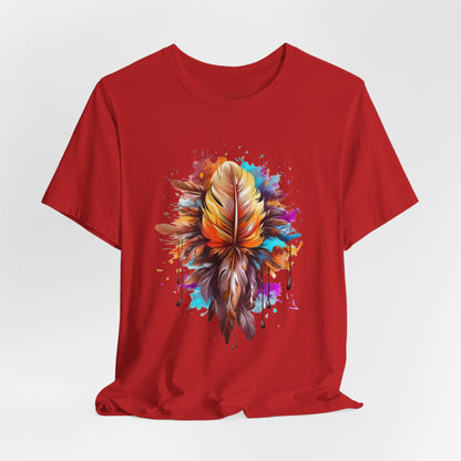 Colorful Feather Art Tee - Unisex Short Sleeve T-Shirt, Bohemian Top, Gift for Nature Lovers, Artisticwear, Casual Wear, Summer Tee