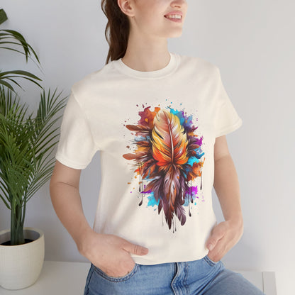 Colorful Feather Art Tee - Unisex Short Sleeve T-Shirt, Bohemian Top, Gift for Nature Lovers, Artisticwear, Casual Wear, Summer Tee