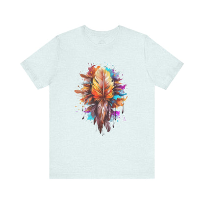 Colorful Feather Art Tee - Unisex Short Sleeve T-Shirt, Bohemian Top, Gift for Nature Lovers, Artisticwear, Casual Wear, Summer Tee