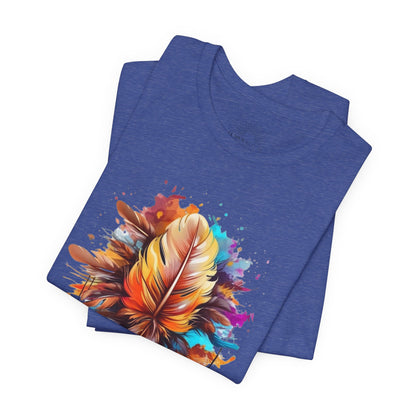 Colorful Feather Art Tee - Unisex Short Sleeve T-Shirt, Bohemian Top, Gift for Nature Lovers, Artisticwear, Casual Wear, Summer Tee