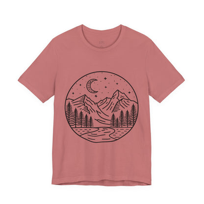 Mountain Nightscape Tee, Nature Lover Shirt, Camping Apparel, Adventure Outfit, Unisex Graphic Tee