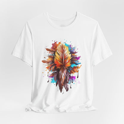 Colorful Feather Art Tee - Unisex Short Sleeve T-Shirt, Bohemian Top, Gift for Nature Lovers, Artisticwear, Casual Wear, Summer Tee