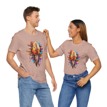 Colorful Feather Art Tee - Unisex Short Sleeve T-Shirt, Bohemian Top, Gift for Nature Lovers, Artisticwear, Casual Wear, Summer Tee