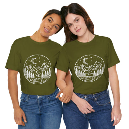 Mountain Nightscape Tee, Nature Lover Shirt, Camping Apparel, Adventure Outfit, Unisex Graphic Tee
