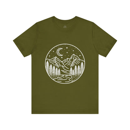 Mountain Nightscape Tee, Nature Lover Shirt, Camping Apparel, Adventure Outfit, Unisex Graphic Tee