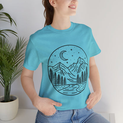 Mountain Nightscape Tee, Nature Lover Shirt, Camping Apparel, Adventure Outfit, Unisex Graphic Tee