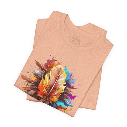 Colorful Feather Art Tee - Unisex Short Sleeve T-Shirt, Bohemian Top, Gift for Nature Lovers, Artisticwear, Casual Wear, Summer Tee