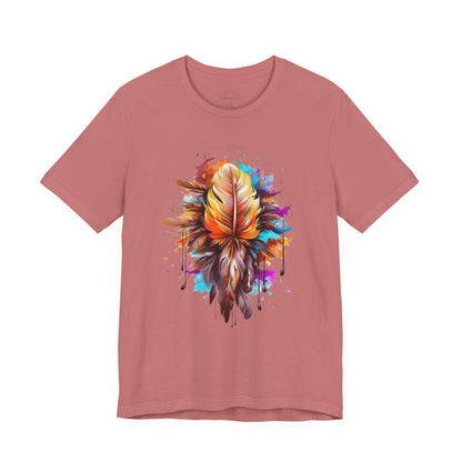 Colorful Feather Art Tee - Unisex Short Sleeve T-Shirt, Bohemian Top, Gift for Nature Lovers, Artisticwear, Casual Wear, Summer Tee