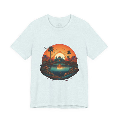 Sunset Oasis Unisex Tee - Summer Vibes, Graphic T-Shirt, Casualwear, Beachwear, Gift for Travelers, Nature Lover