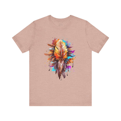 Colorful Feather Art Tee - Unisex Short Sleeve T-Shirt, Bohemian Top, Gift for Nature Lovers, Artisticwear, Casual Wear, Summer Tee
