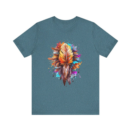 Colorful Feather Art Tee - Unisex Short Sleeve T-Shirt, Bohemian Top, Gift for Nature Lovers, Artisticwear, Casual Wear, Summer Tee