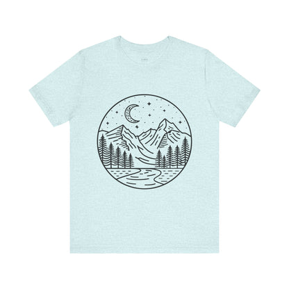 Mountain Nightscape Tee, Nature Lover Shirt, Camping Apparel, Adventure Outfit, Unisex Graphic Tee