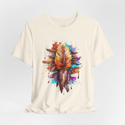 Colorful Feather Art Tee - Unisex Short Sleeve T-Shirt, Bohemian Top, Gift for Nature Lovers, Artisticwear, Casual Wear, Summer Tee