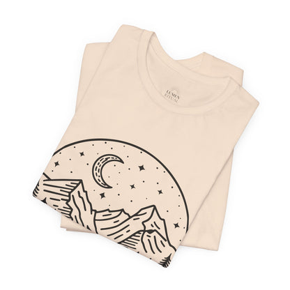 Mountain Nightscape Tee, Nature Lover Shirt, Camping Apparel, Adventure Outfit, Unisex Graphic Tee