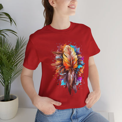 Colorful Feather Art Tee - Unisex Short Sleeve T-Shirt, Bohemian Top, Gift for Nature Lovers, Artisticwear, Casual Wear, Summer Tee