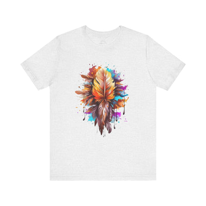Colorful Feather Art Tee - Unisex Short Sleeve T-Shirt, Bohemian Top, Gift for Nature Lovers, Artisticwear, Casual Wear, Summer Tee
