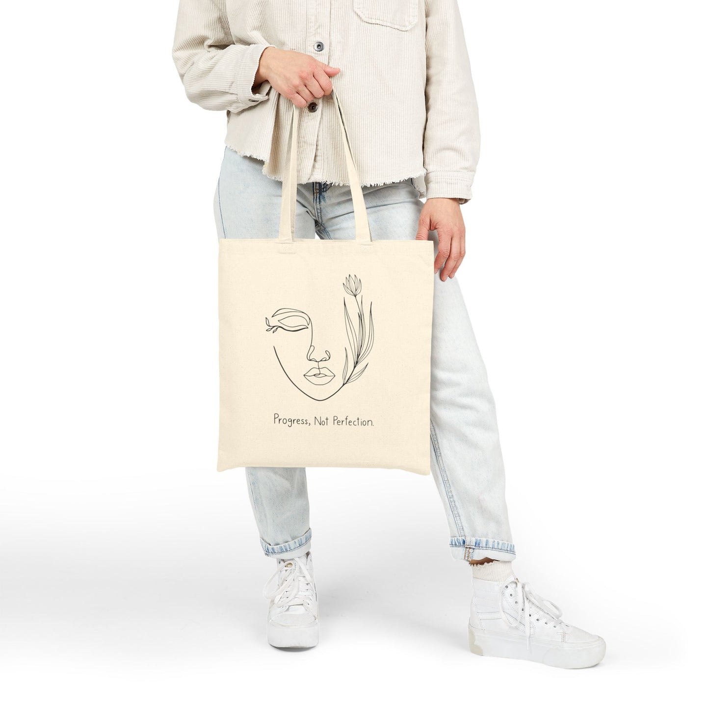 Progress Not Perfection Tote Bag | Eco-Friendly Canvas Bag, Motivational Gift, Reusable Shopping Bag, Minimalist Design, Customizable