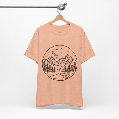 Mountain Nightscape Tee, Nature Lover Shirt, Camping Apparel, Adventure Outfit, Unisex Graphic Tee