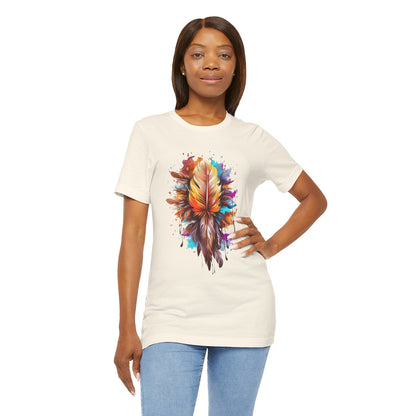 Colorful Feather Art Tee - Unisex Short Sleeve T-Shirt, Bohemian Top, Gift for Nature Lovers, Artisticwear, Casual Wear, Summer Tee