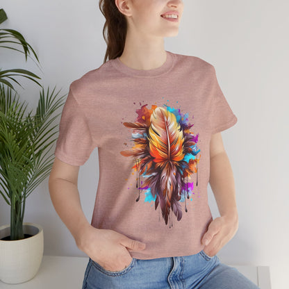 Colorful Feather Art Tee - Unisex Short Sleeve T-Shirt, Bohemian Top, Gift for Nature Lovers, Artisticwear, Casual Wear, Summer Tee