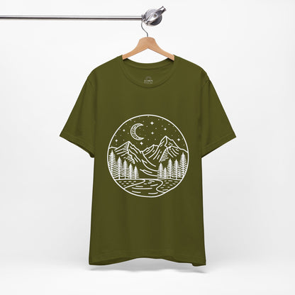 Mountain Nightscape Tee, Nature Lover Shirt, Camping Apparel, Adventure Outfit, Unisex Graphic Tee